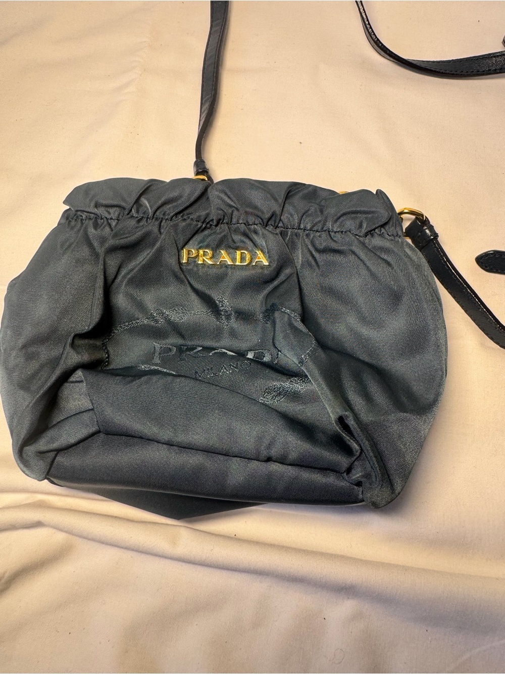 Prada Black Nylon Drawstring Crossbody with Gold Logo